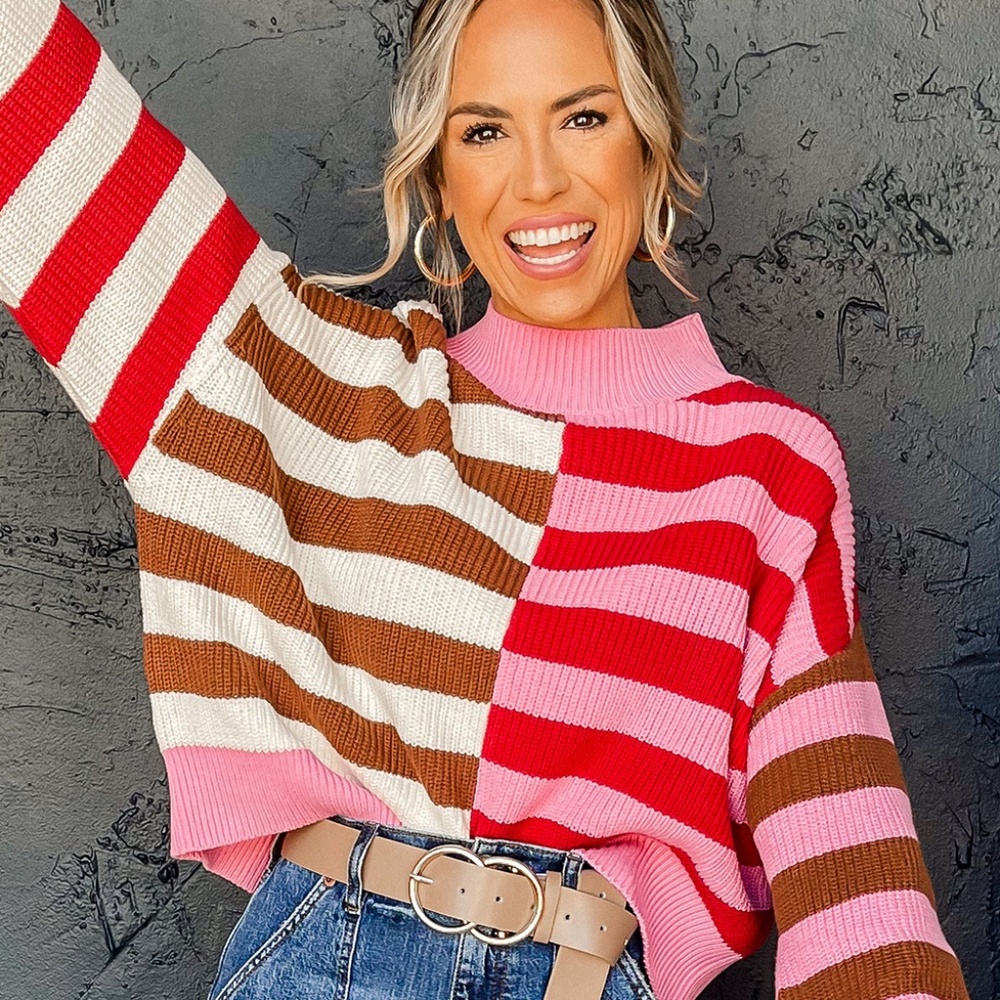 B143 Pink Stripe Color block High Neck Drop Shoulder Loose Sweater
